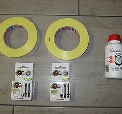 Stans Notubes Tubeless-Kit für 4 Räder; Tesa Felgenband, Dichtmilch, SV-Ventile